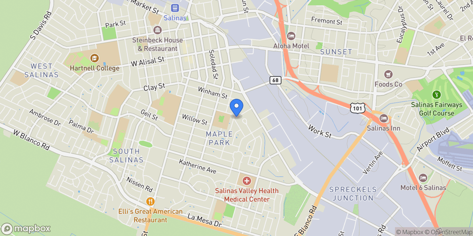 Map showing 1 Santa Lucia Avenue, Salinas, California, United States.