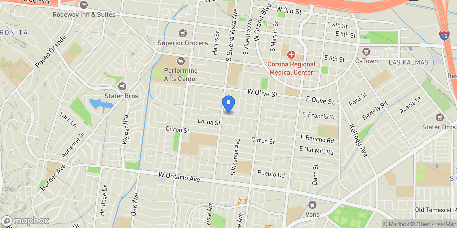 Map showing 853 W Crestview Street, Corona, CA 92882, Corona, California, United States.
