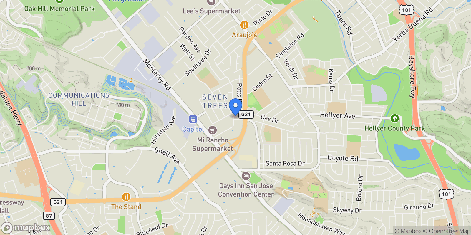 Map showing 3814 Seven Trees Boulevard, San Jose, California, United States.