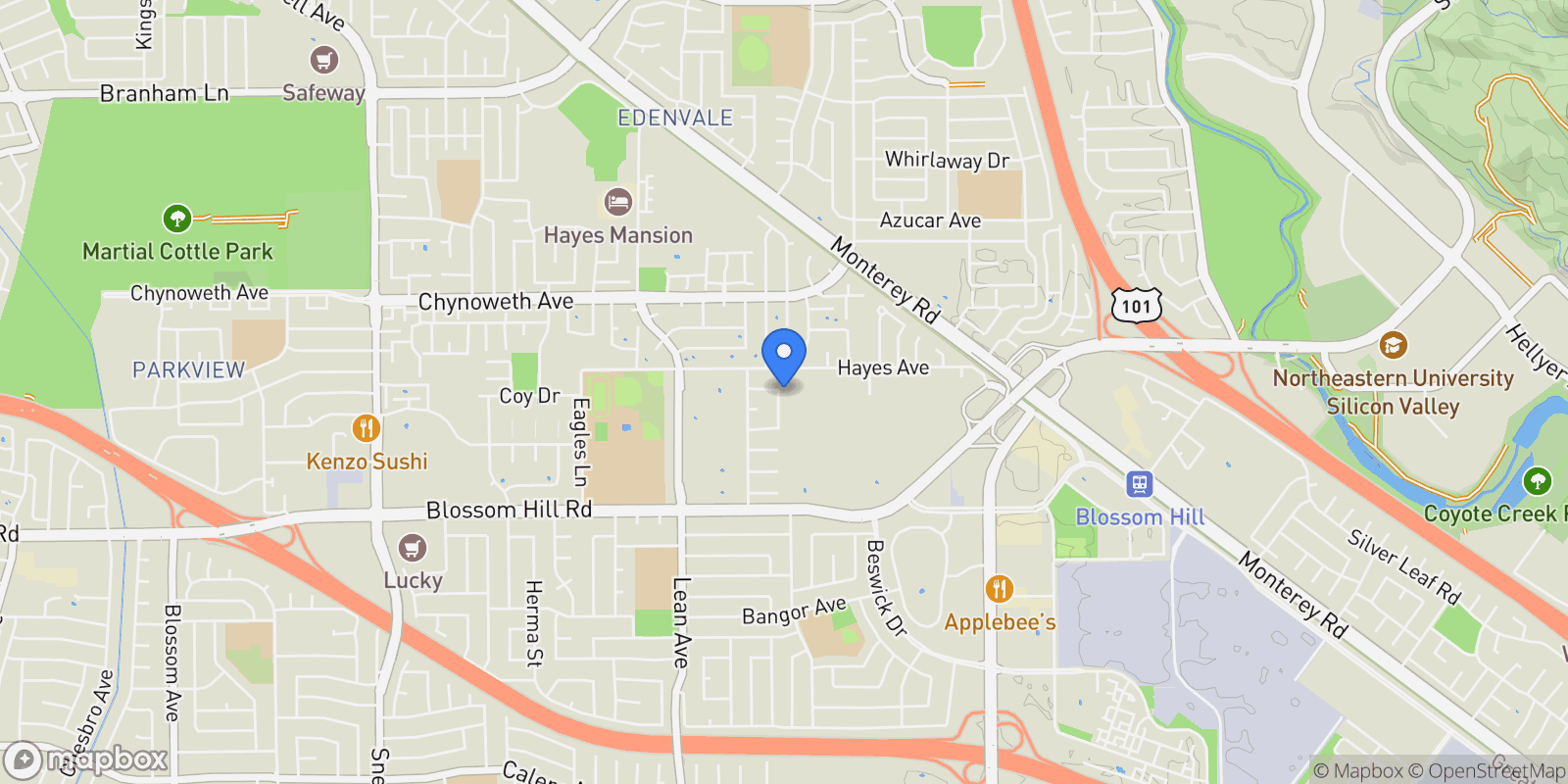 Map showing 184 Sun Blossom Drive, San Jose, California, United States.