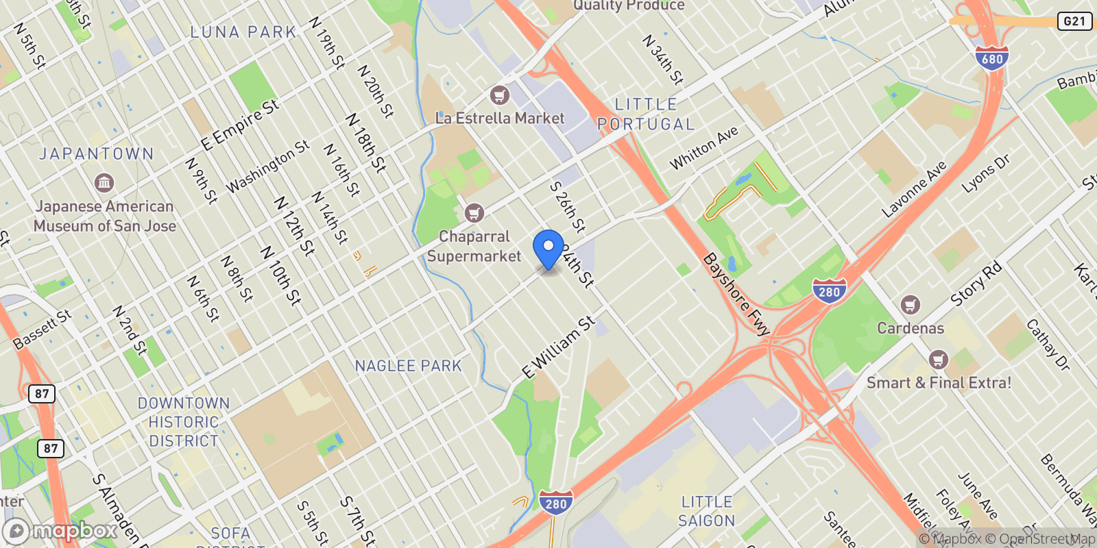 Map showing 214 S 22nd Street, San Jose, California, United States.