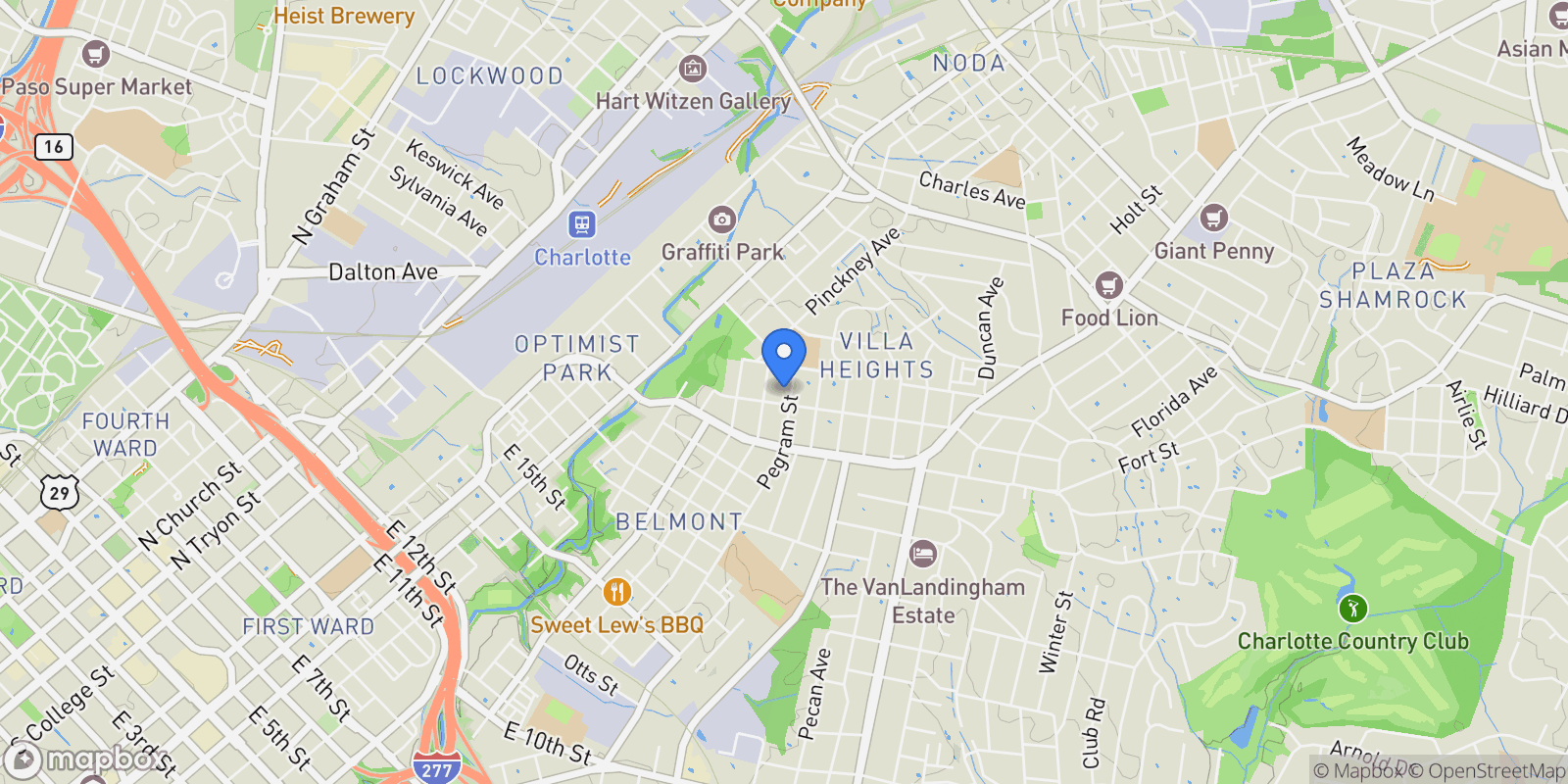 Map showing 1909 Pegram Street, Charlotte, NC 28205, Charlotte, North Carolina, United States.