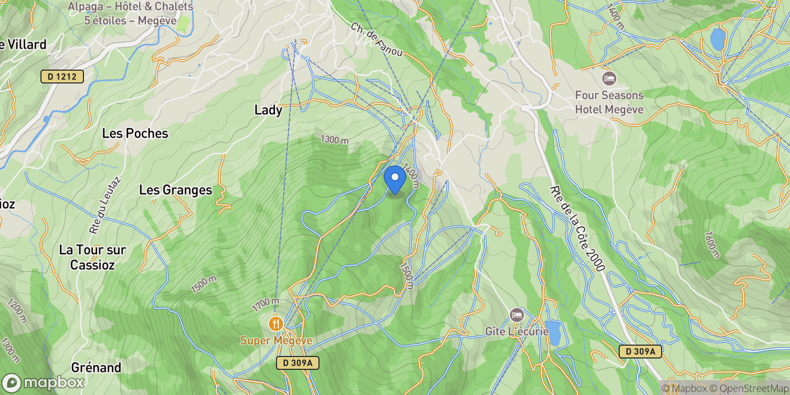 Map showing Megève, Auvergne-Rhône-Alpes, France.