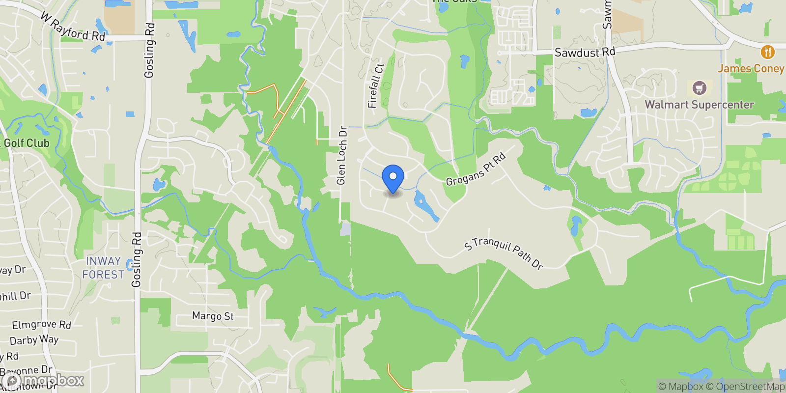 Map showing 27 Misty Grove Circle, The Woodlands, TX 77380, The Woodlands, Texas, United States.