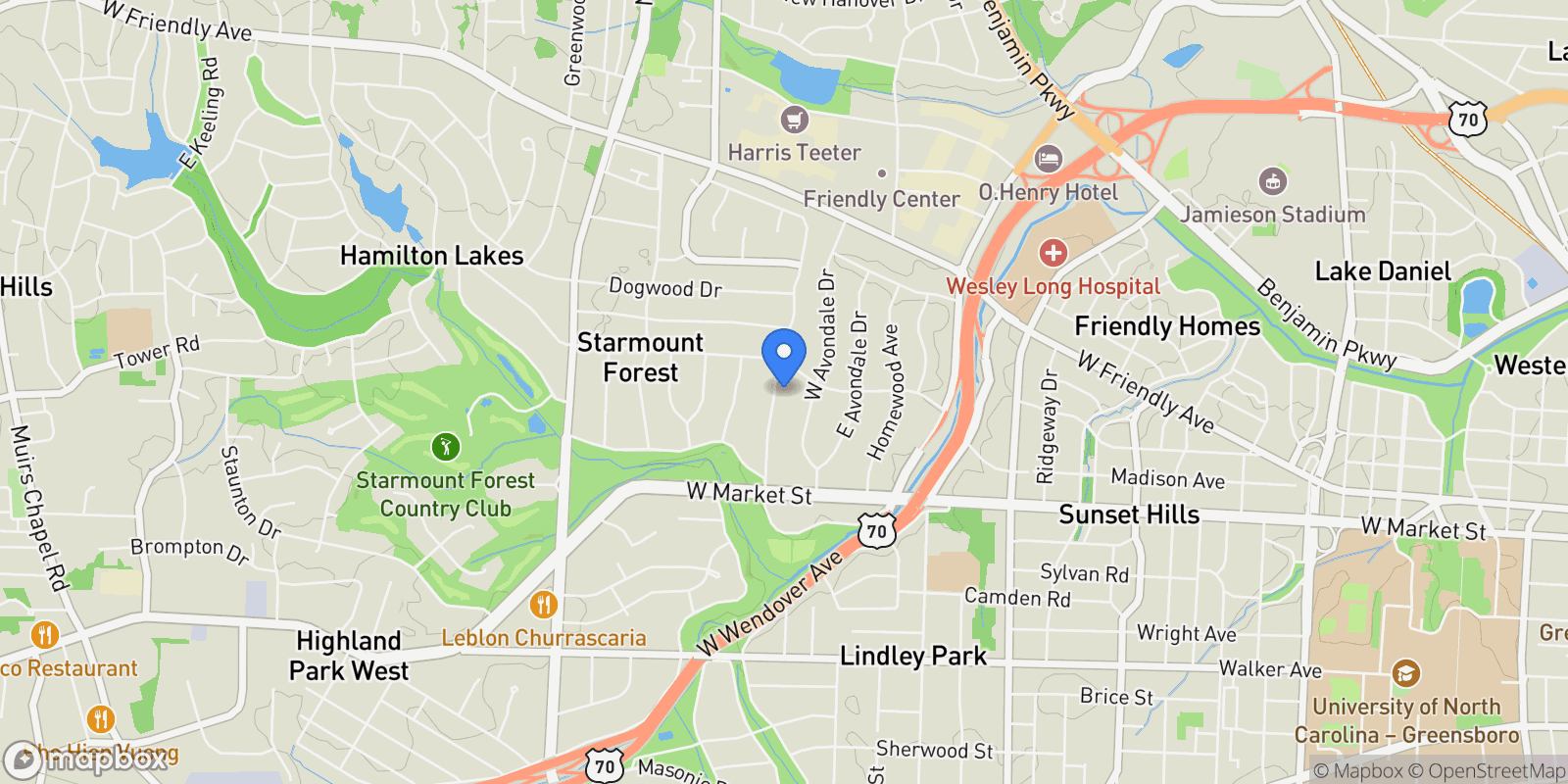 Map showing 124 Beverly Place, Greensboro, NC 27403, Greensboro, North Carolina, United States.
