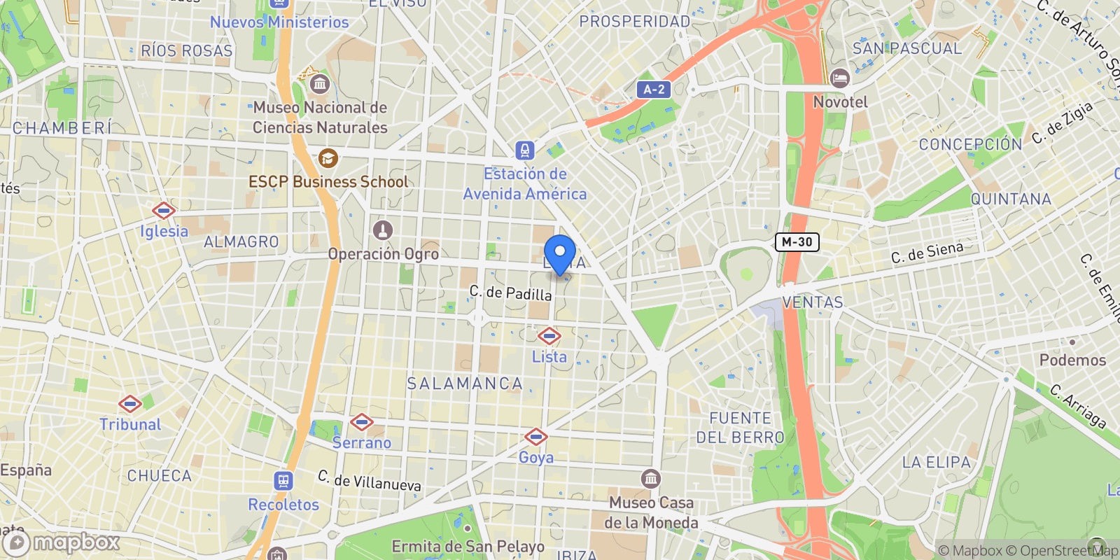 Map showing Calle de Padilla, 28006, Madrid, Madrid, Madrid, Barrio Salamanca, Madrid, Spain.