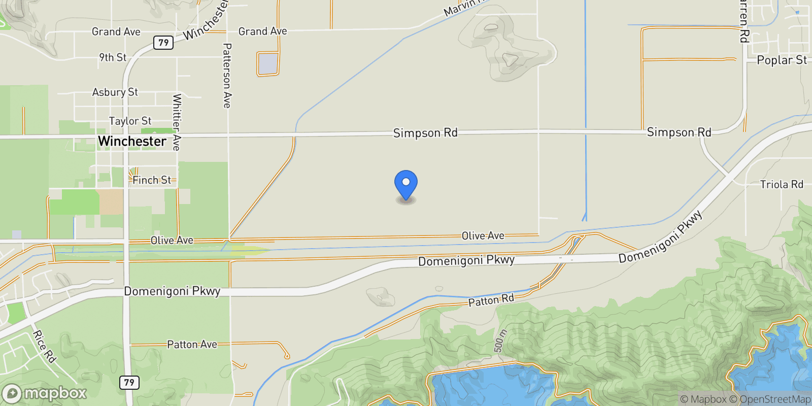 Map showing 34250 Olive Avenue, Winchester, CA 92596, Winchester, California, United States.