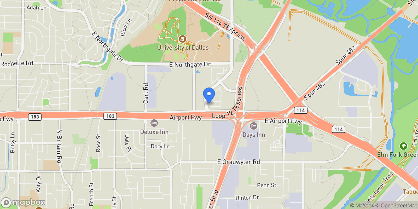 Map showing 2323 Bussey Drive, Irving, Texas, United States.