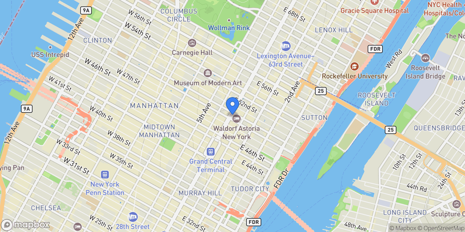 Map showing Waldorf Astoria Residences New York, 303 PARK AVE, New York, New York, United States.