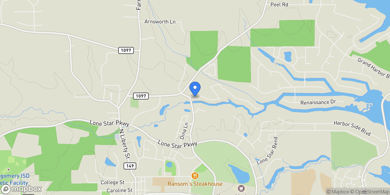 Map showing 108 Waterstone Drive, Montgomery, TX 77356, Montgomery, Texas, United States.