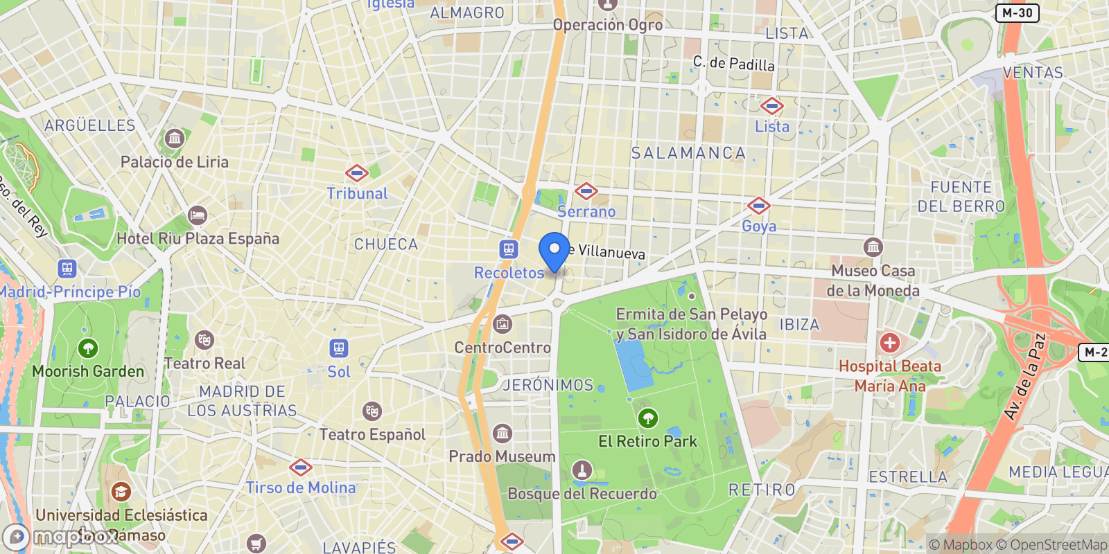 Map showing Recoletos, Salamanca, Madrid, Madrid, Madrid, Barrio Salamanca, Madrid, Spain.