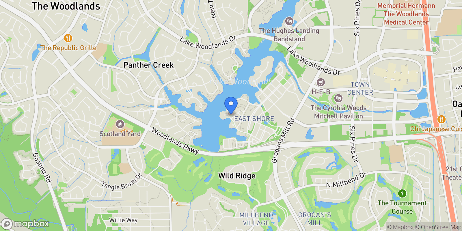 Map showing 38 East Shore Drive, The Woodlands, TX 77380, Spring, Texas, United States.
