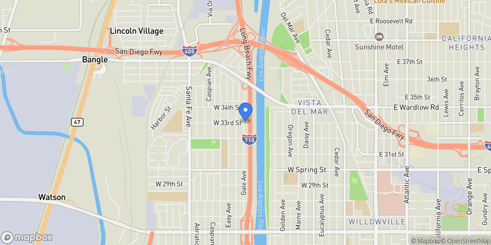 Map showing 1233 West 33rd Street, Long Beach, CA 90810, Carson, California, United States.