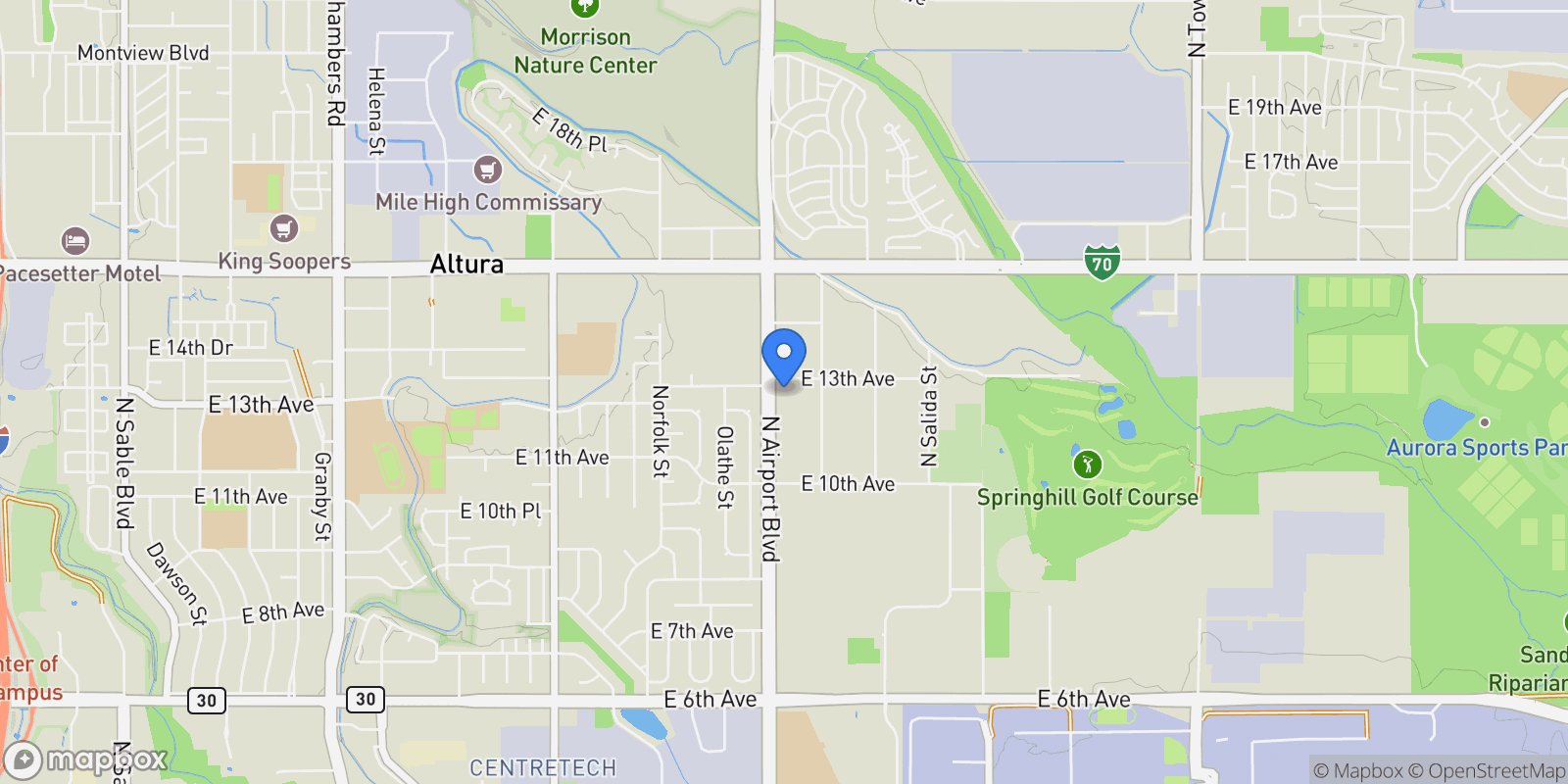 Map showing 1280 Airport Boulevard, Aurora, Colorado, United States.
