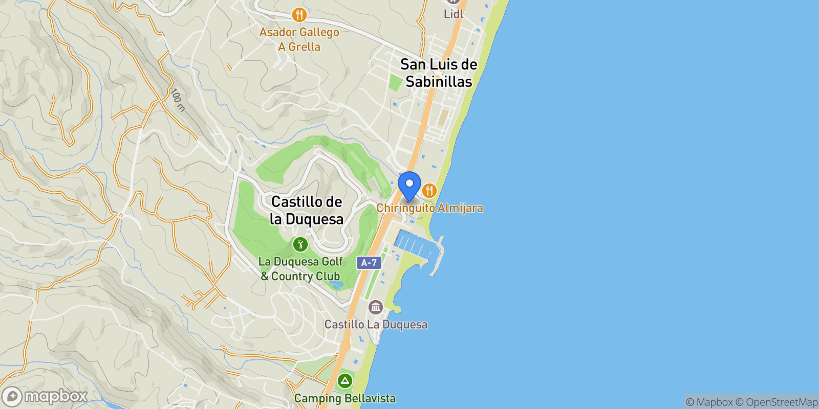 Map showing Costa del Sol, La Duquesa, Málaga, La Duquesa, Manilva, Andalusia, Spain.