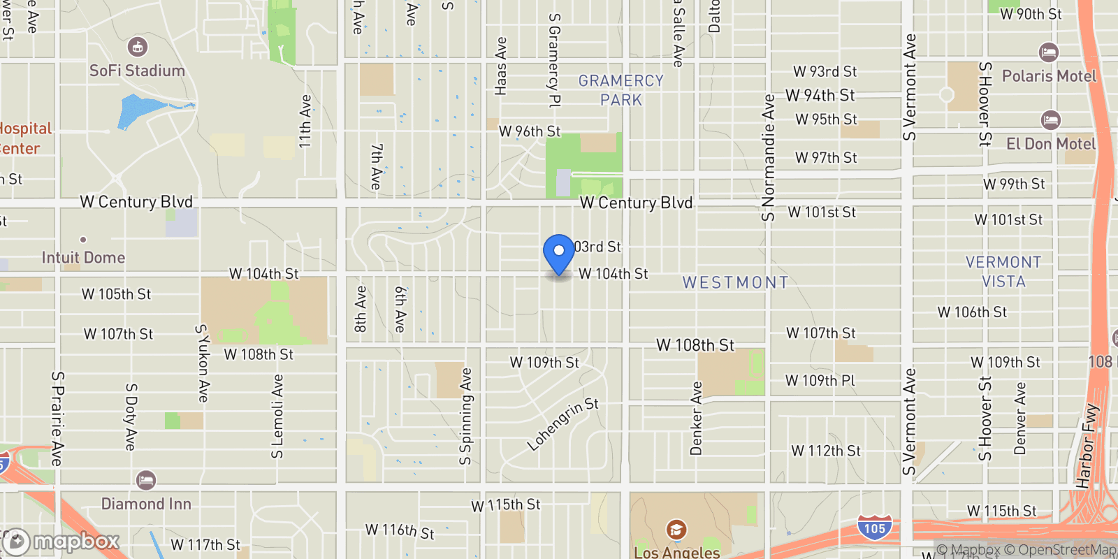 Map showing 10404 S Gramercy Place, Los Angeles, CA 90047, Los Angeles, California, United States.
