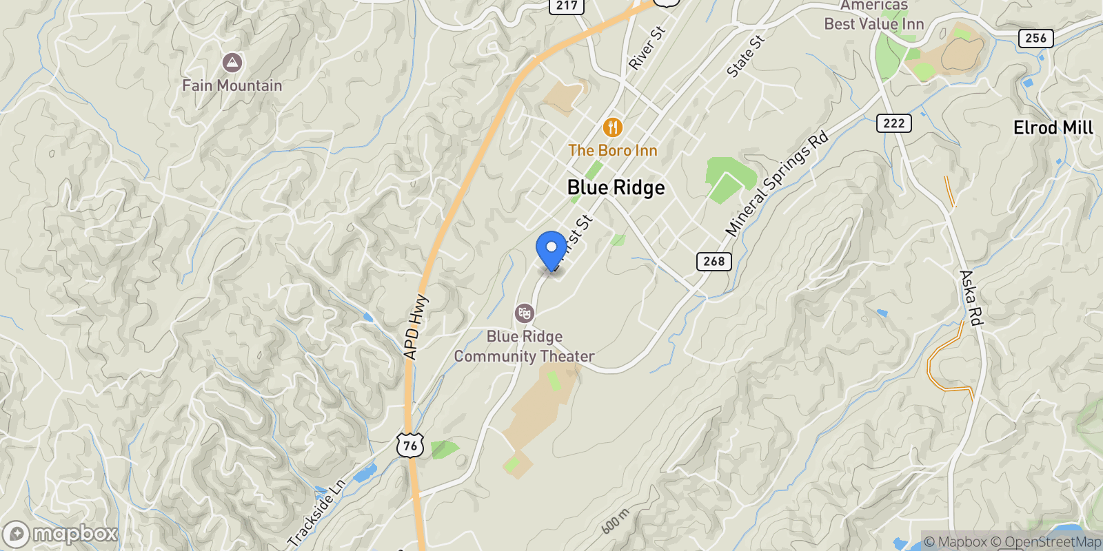 Map showing 321 Skylight Drive, Blue Ridge, GA 30513, Blue Ridge, Georgia, United States.