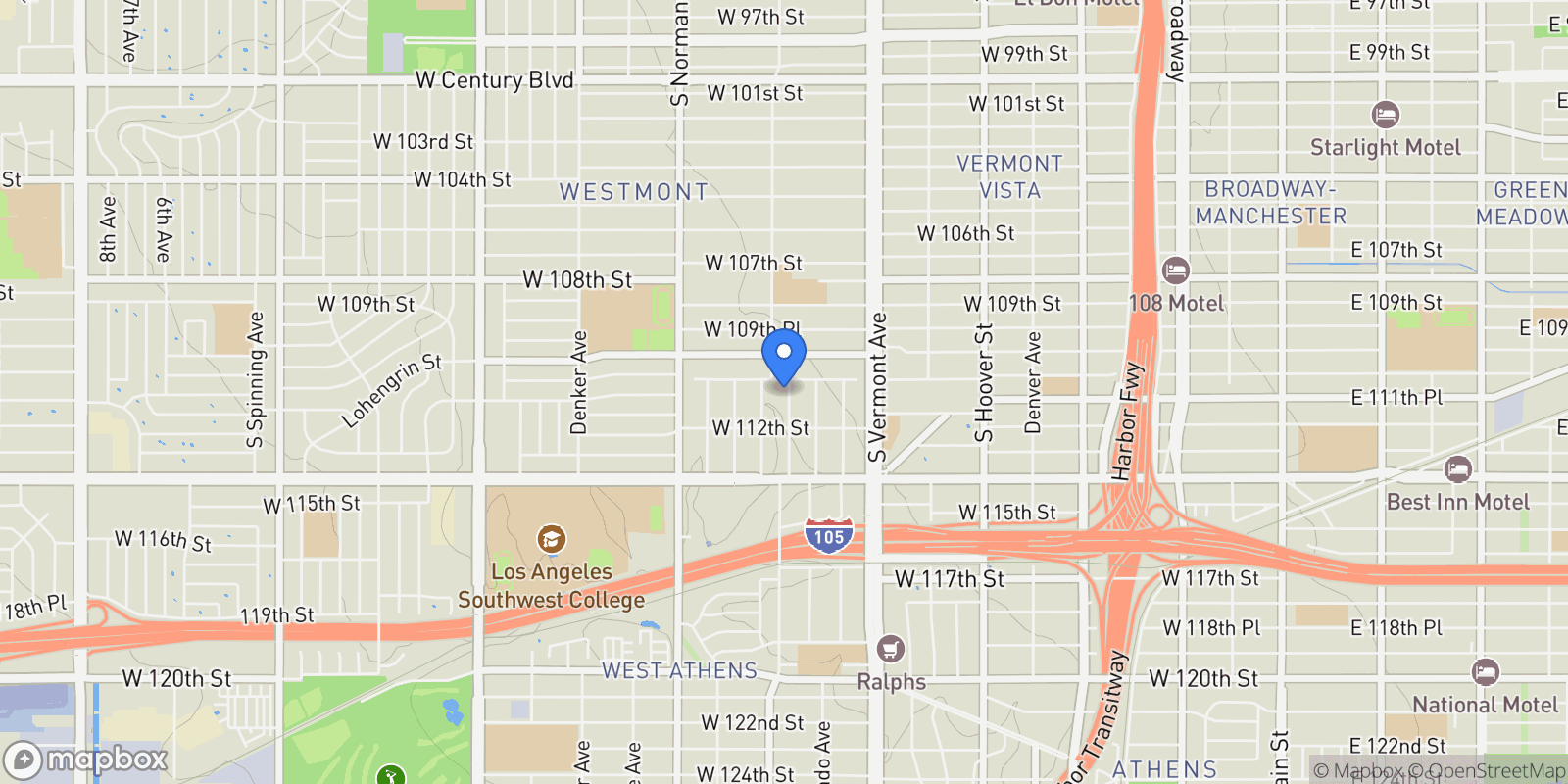 Map showing 11113 S Budlong Avenue, Los Angeles, CA 90044, Los Angeles, California, United States.