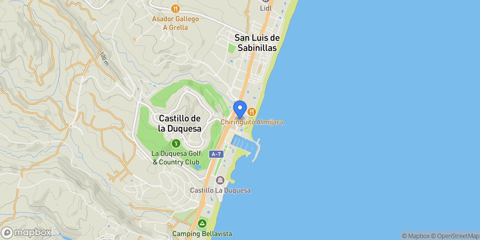 Map showing Costa del Sol, La Duquesa, Málaga, La Duquesa, Manilva, Andalusia, Spain.