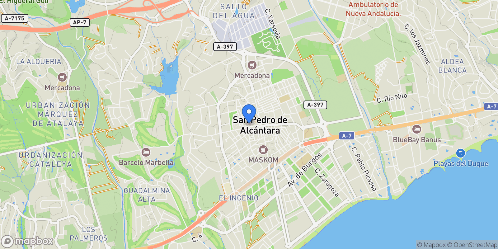Map showing Costa del Sol, San Pedro de Alcántara, Málaga, San Pedro de Alcántara, San Pedro de Alcantara, Andalusia, Spain.
