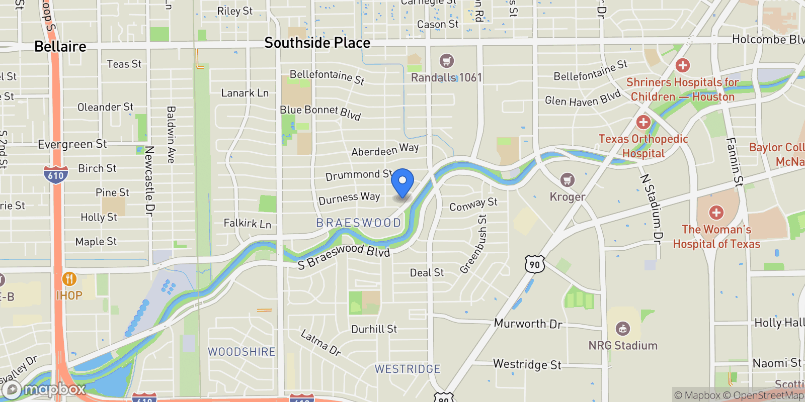 Map showing 3322 N Braeswood Boulevard, Houston, TX 77025, Houston, Texas, United States.