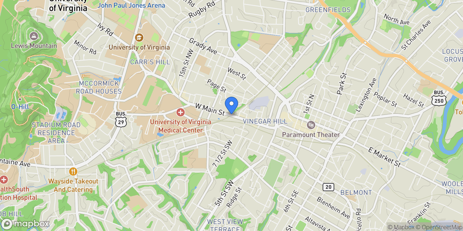 Map showing W Main St, Charlottesville, VA, Charlottesville, Virginia, United States.