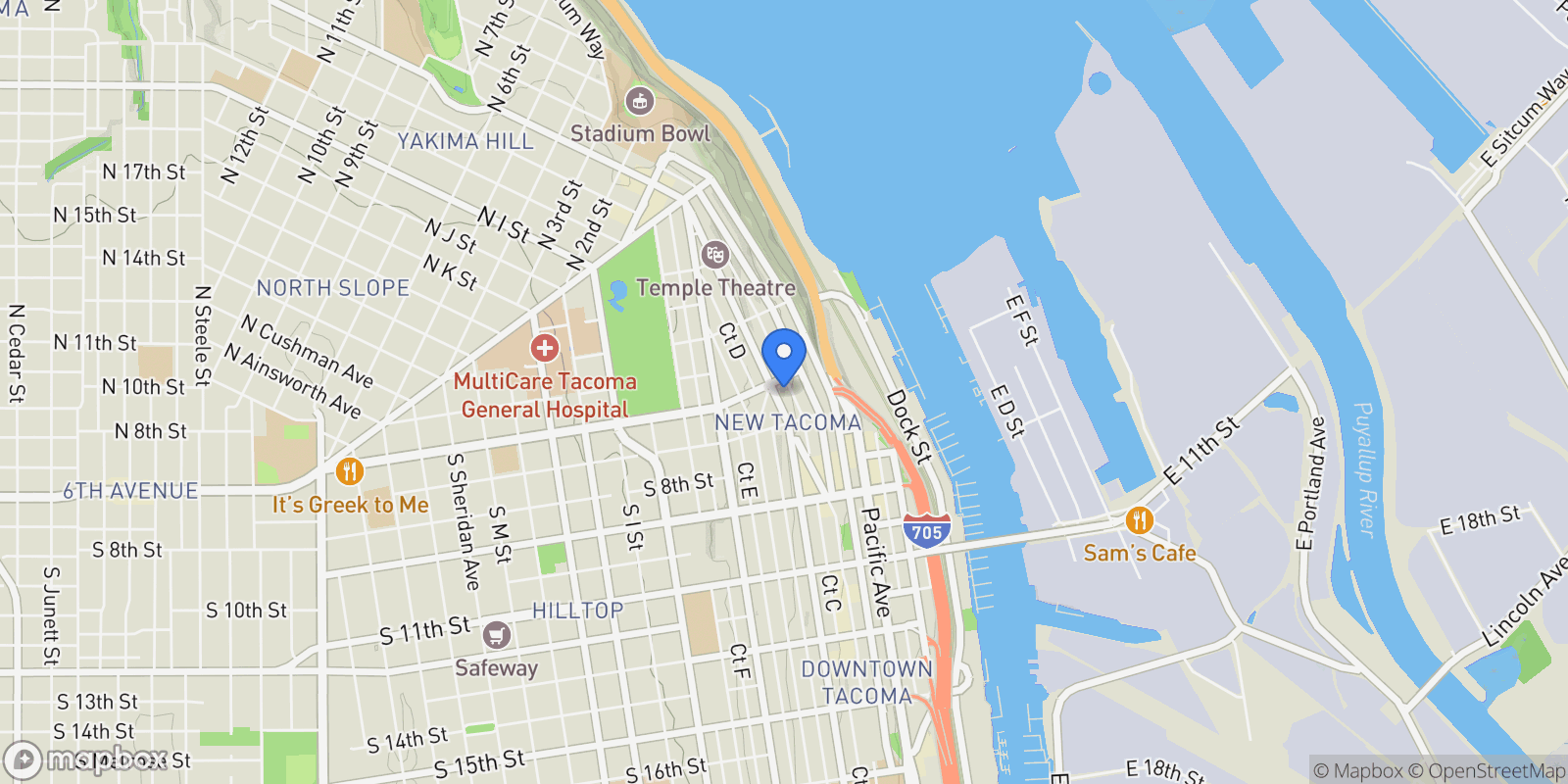 Map showing 605 St Helens Avenue, Tacoma, WA 98402, Tacoma, Washington, United States.