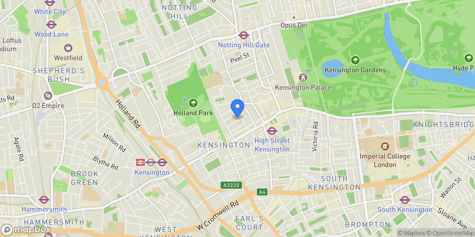 Map showing 151-161 Kensington High Street, London, England, United Kingdom.