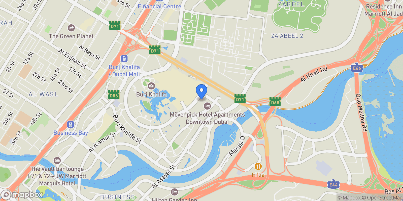 Map showing Al Ohood Street - Sheikh Mohammed bin Rashid Blvd - Downtown Dubai - Dubai - United Arab Emirates, Dubai, Dubai, United Arab Emirates.