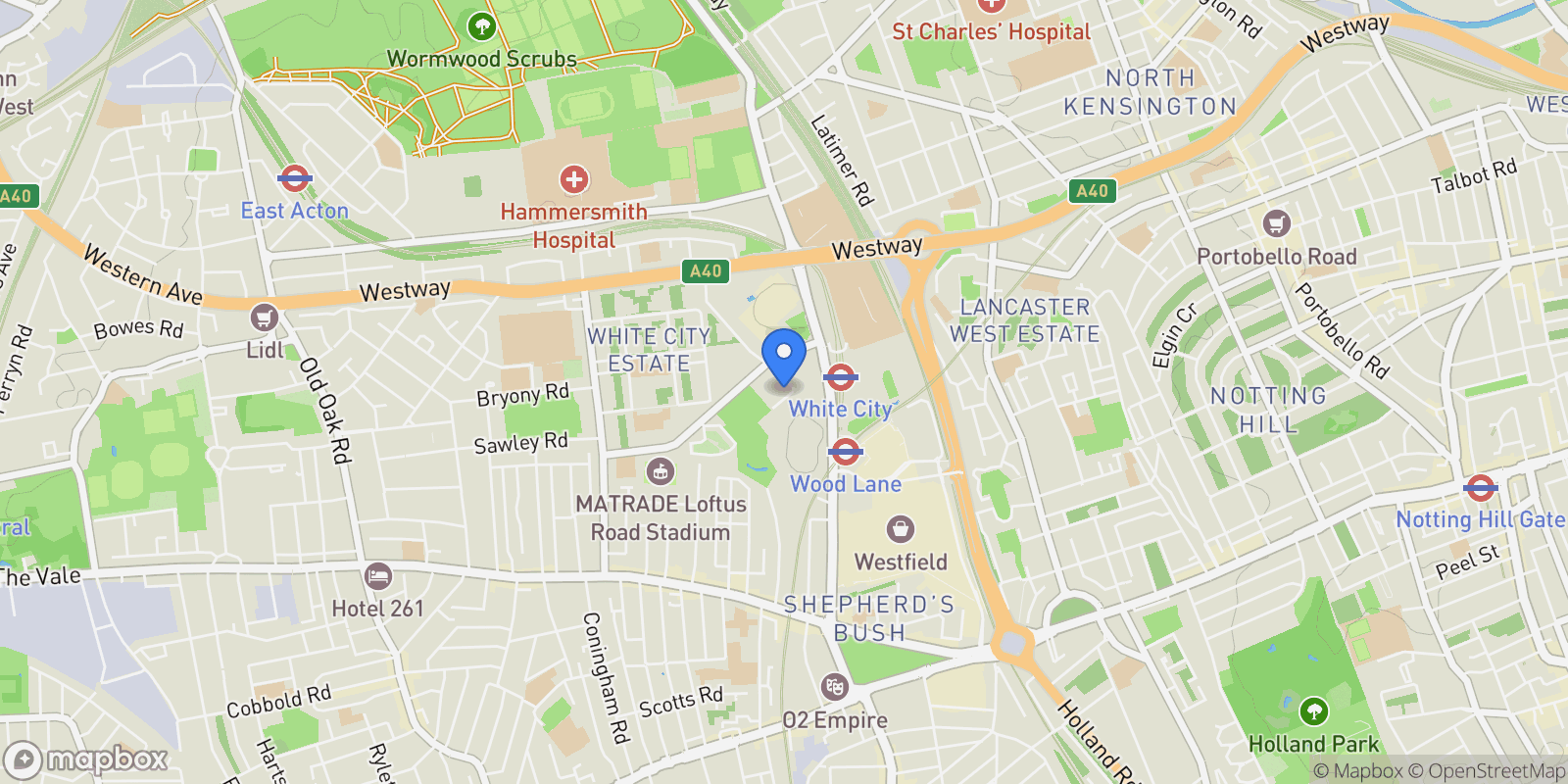 Map showing Parkside Apartments, , W12, London, England, United Kingdom.