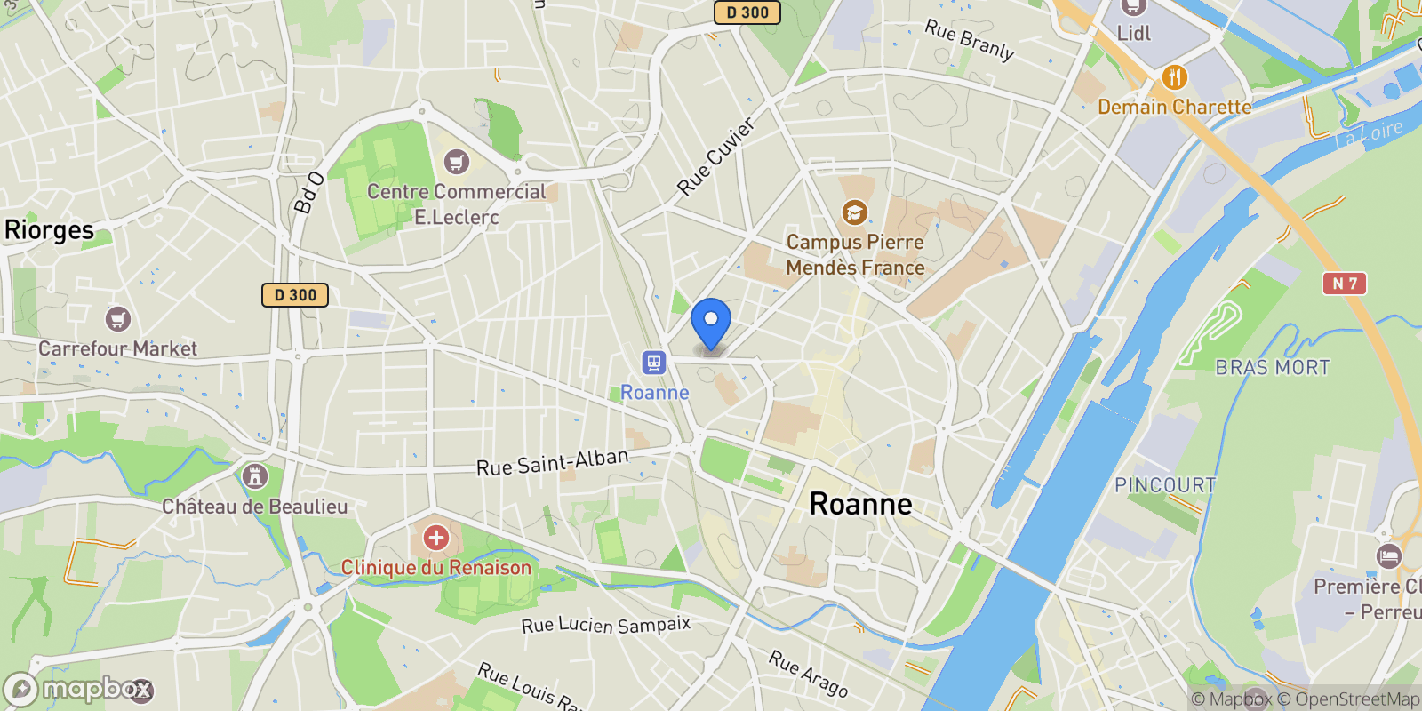 Map showing Roanne, Auvergne-Rhône-Alpes, France.