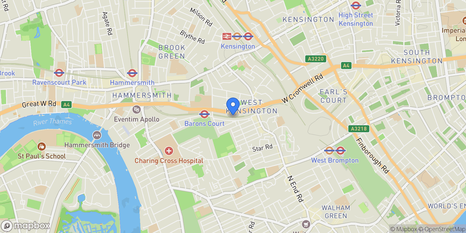 Map showing Avonmore Road, London, England, United Kingdom.
