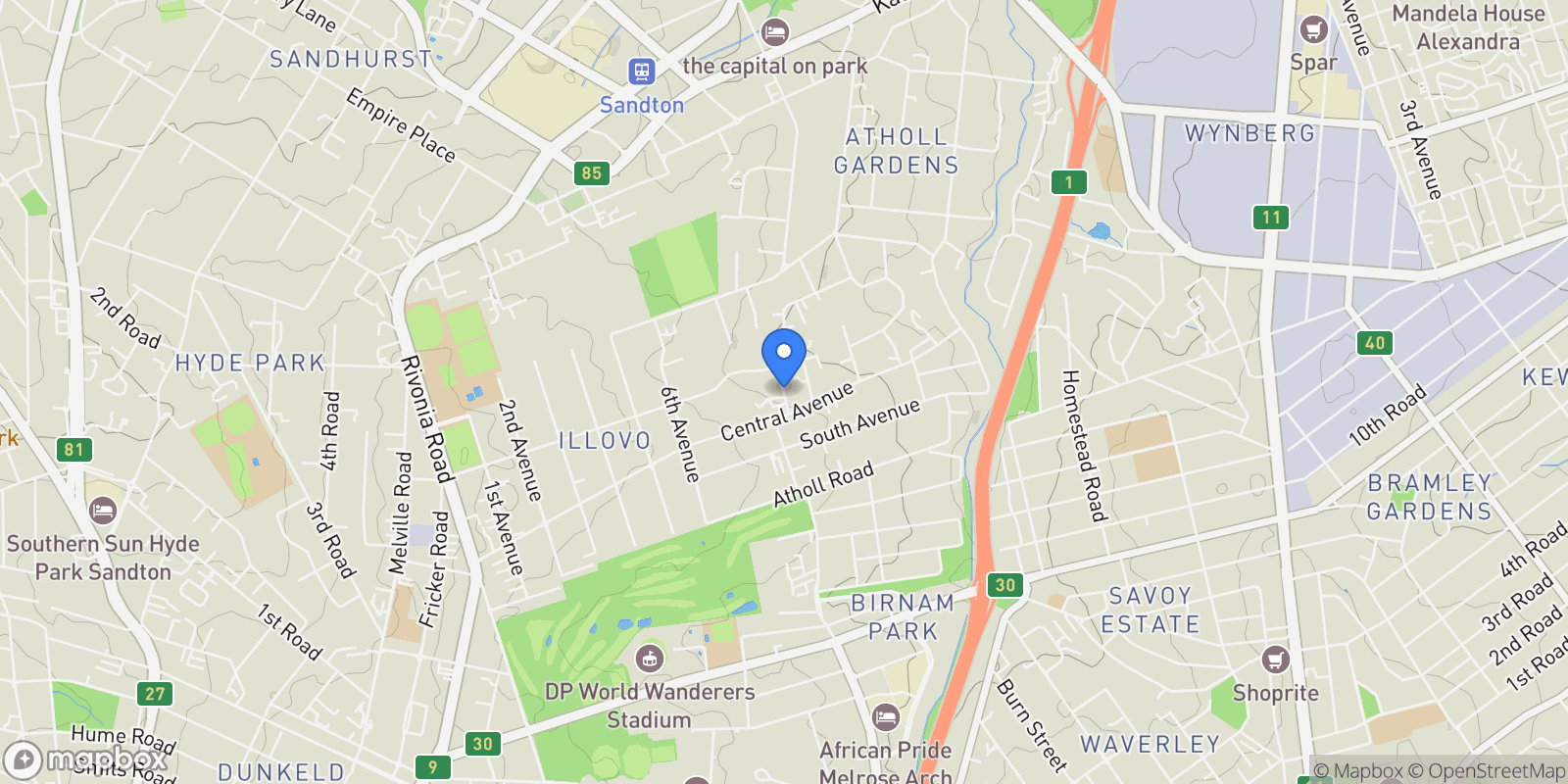 Map showing 1 Forrest Road, 17 Oak Road, Inanda, SOUTH AFRICA, Sandton, Gauteng, South Africa.