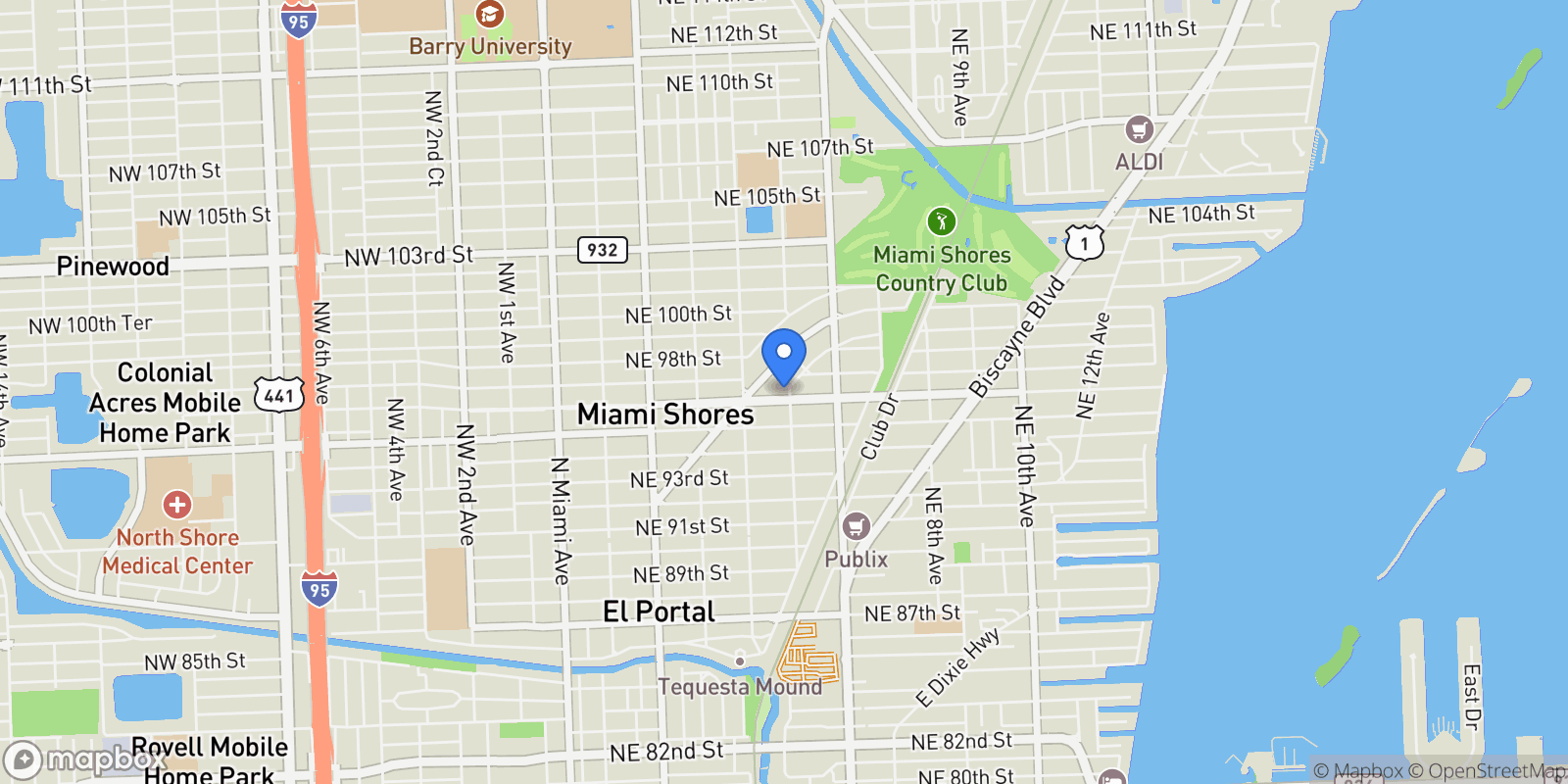 Map showing 485 NE 96th St, Miami, Florida, United States.