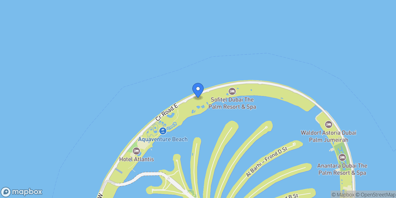 Map showing Palm Jumeirah - Crescent Rd - The Palm Jumeirah - Dubai - United Arab Emirates, Dubai, Dubai, United Arab Emirates.