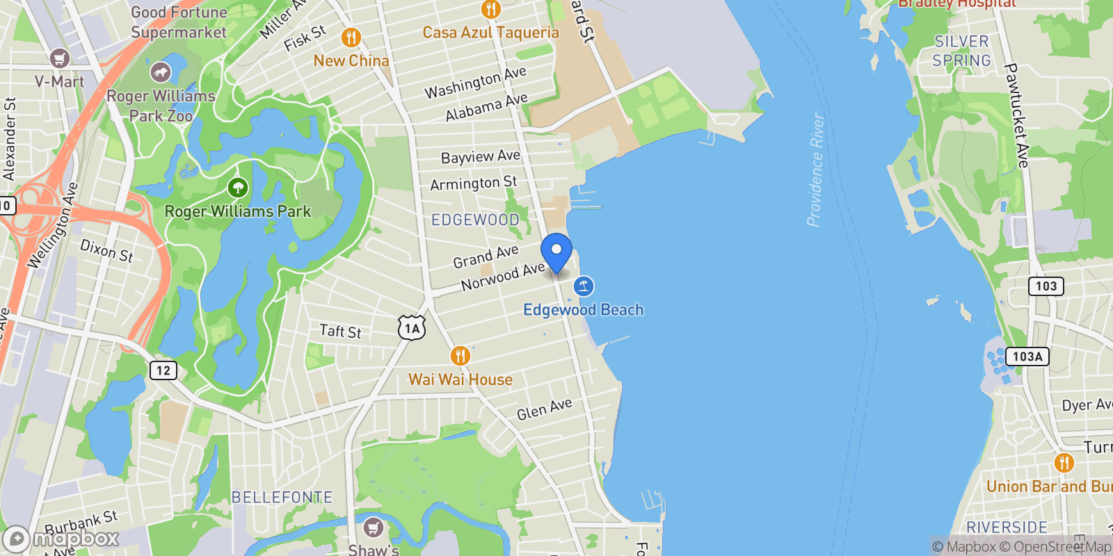 Map showing 1232 Narragansett Boulevard, Cranston, Rhode Island, United States.