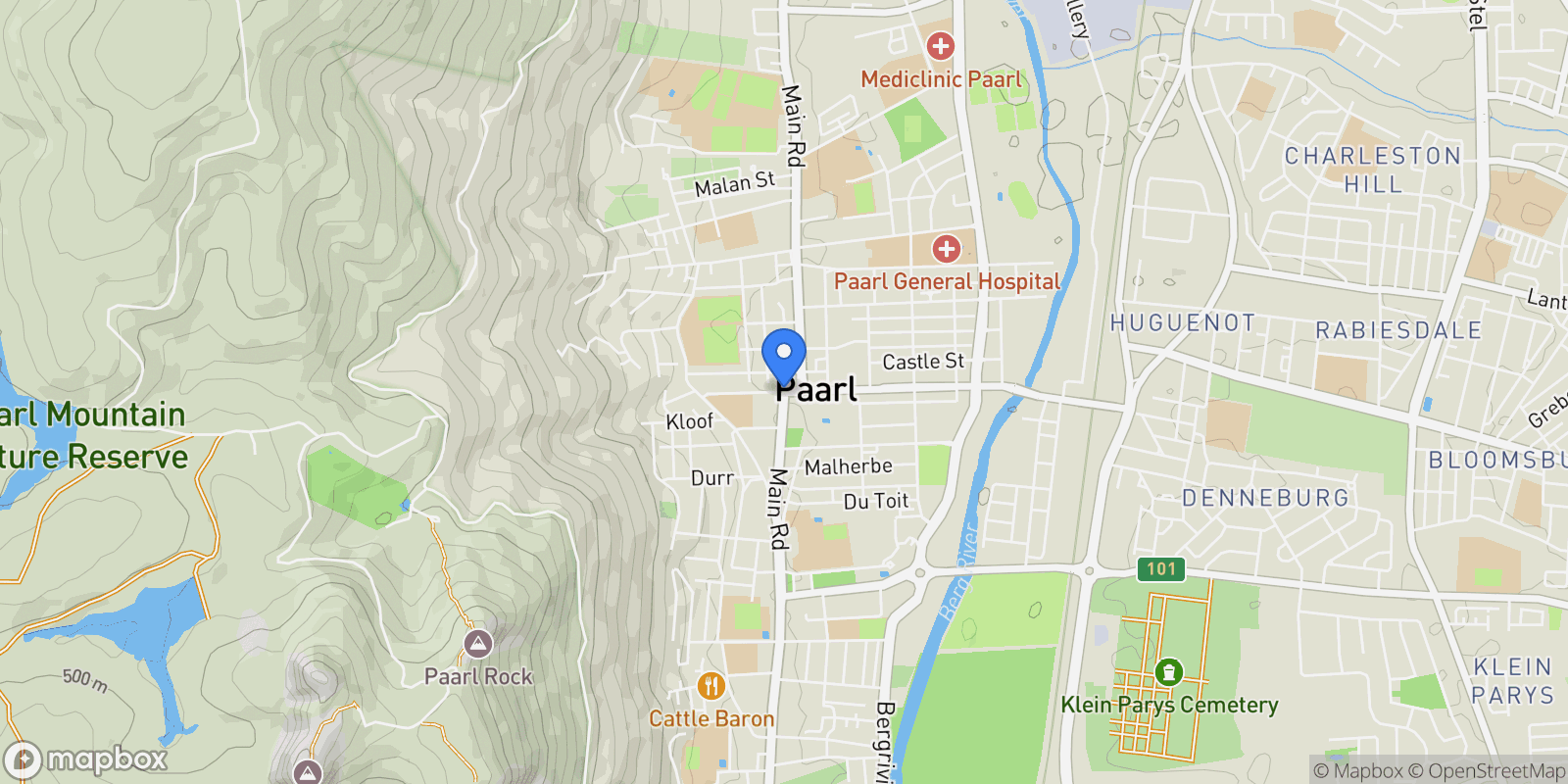 Map showing Paarl, Western Cape, South Africa.