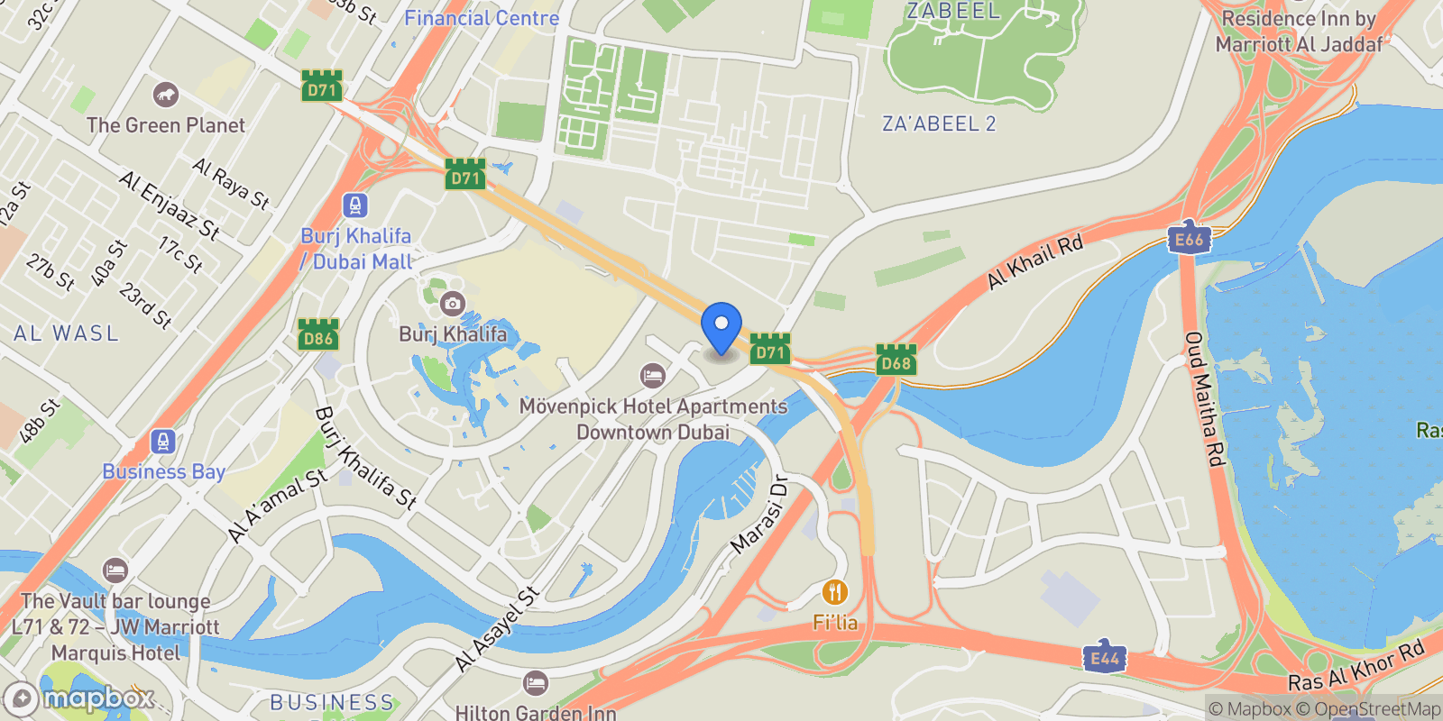 Map showing Downtown, AE, Dubai, Dubai, Dubai, United Arab Emirates.