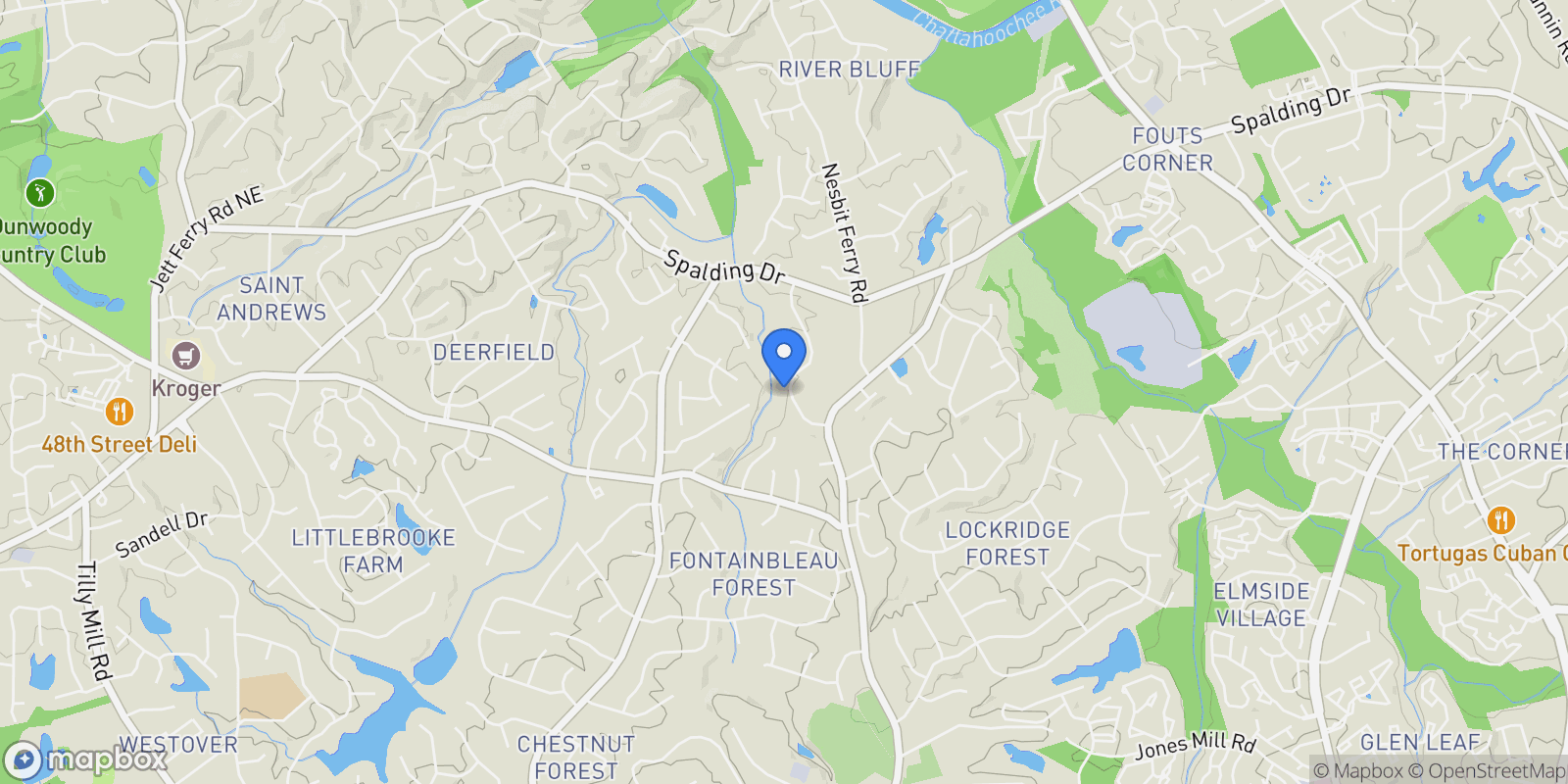 Map showing 7530 Spalding Lane, Atlanta, Georgia, United States.
