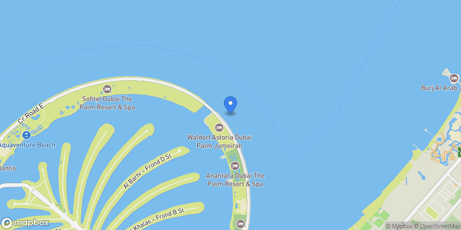 Map showing Palm Jumeirah, AE, Dubai, Dubai, Dubai, United Arab Emirates.