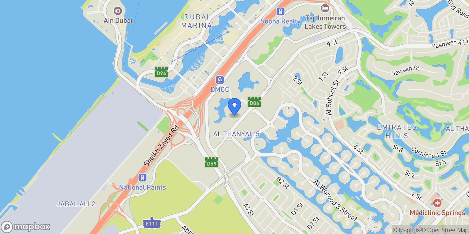 Map showing Jumeirah Lake Towers (JLT), AE, Dubai, Dubai, Dubai, United Arab Emirates.