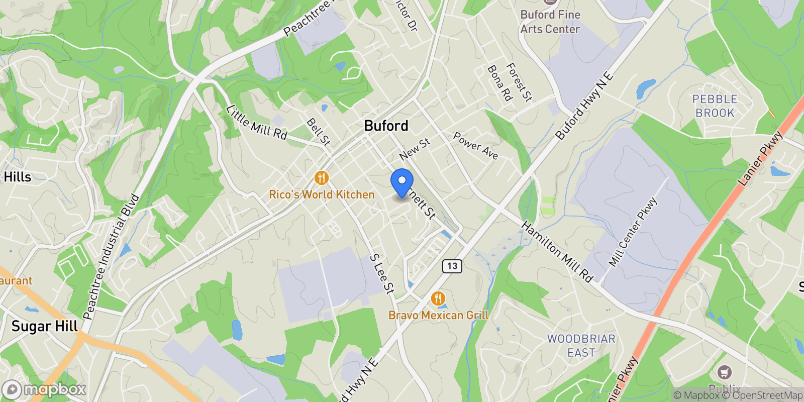 Map showing 460 Espy Street, Buford, Georgia, United States.