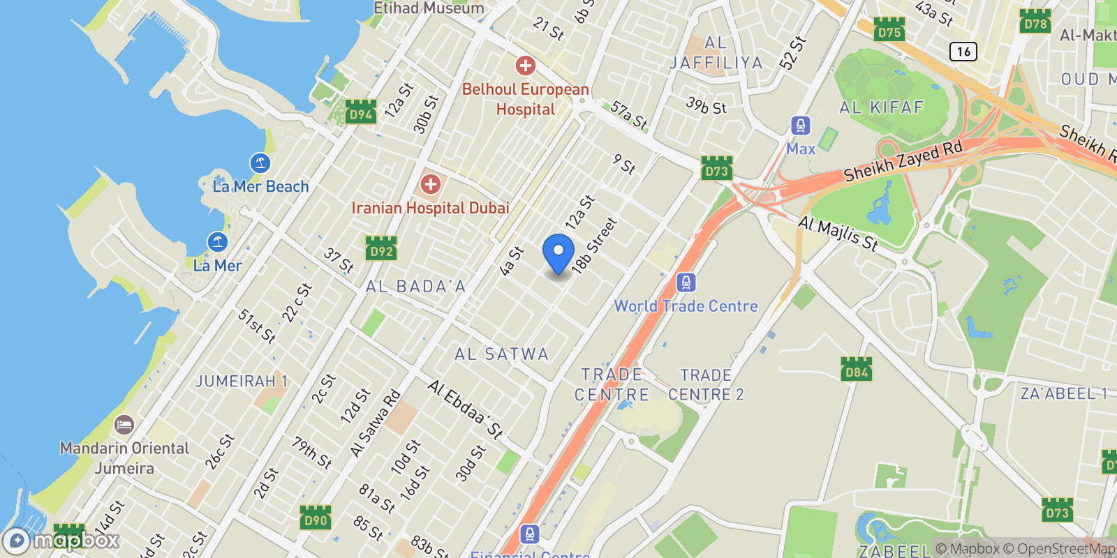 Map showing Al Satwa, AE, Dubai, Dubai, Dubai, United Arab Emirates.