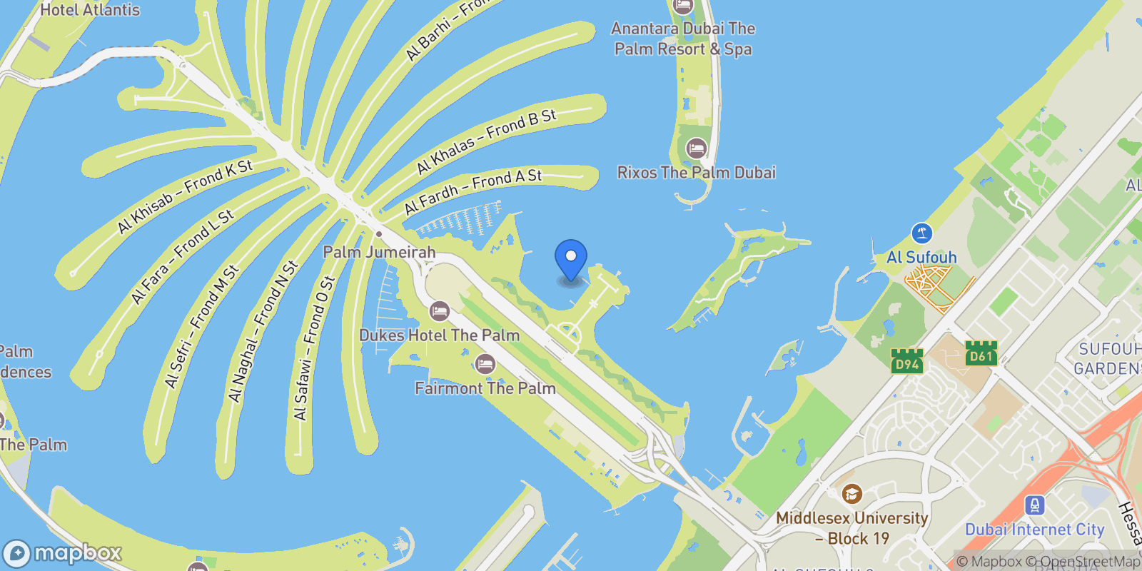 Map showing Palm Jumeirah, AE, Dubai, Dubai, Dubai, United Arab Emirates.