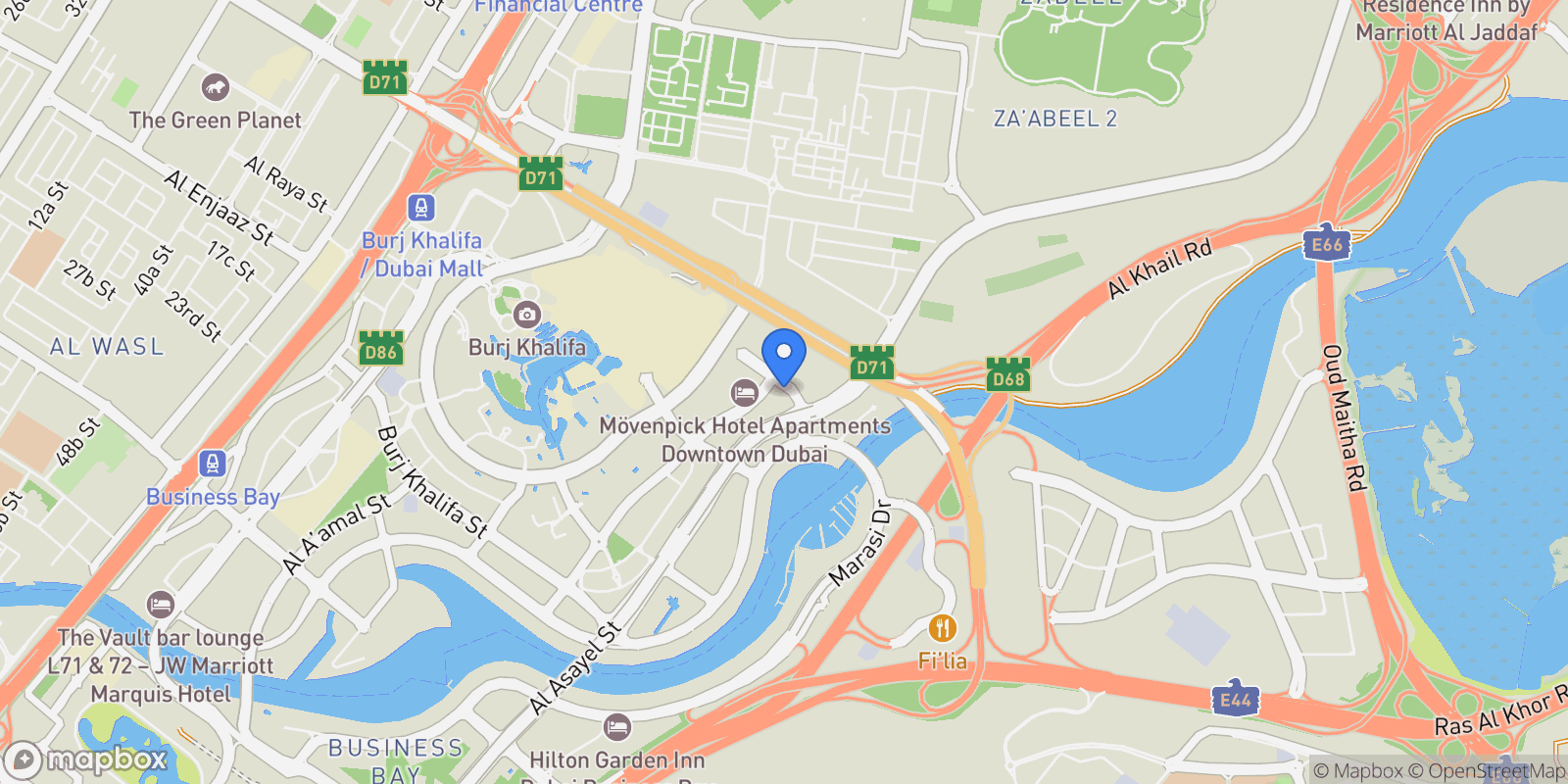 Map showing Downtown, AE, Dubai, Dubai, Dubai, United Arab Emirates.