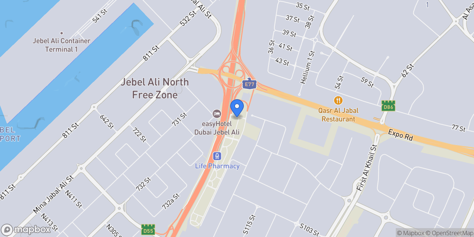 Map showing Downtown Jebel Ali, United Arab Emirates, Dubai, Dubai, Dubai, United Arab Emirates.