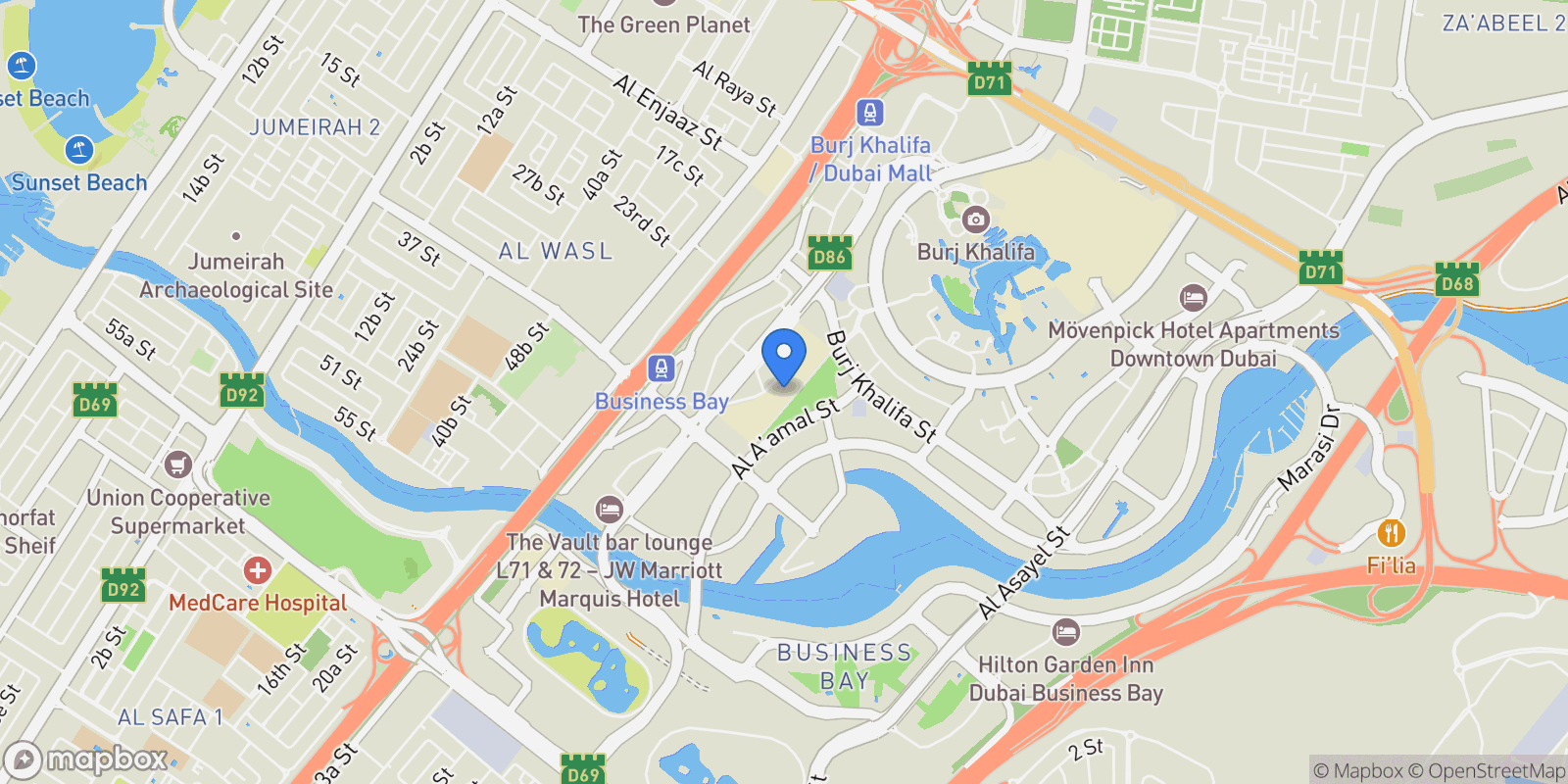 Map showing Business Bay, AE, Dubai, Dubai, Dubai, United Arab Emirates.