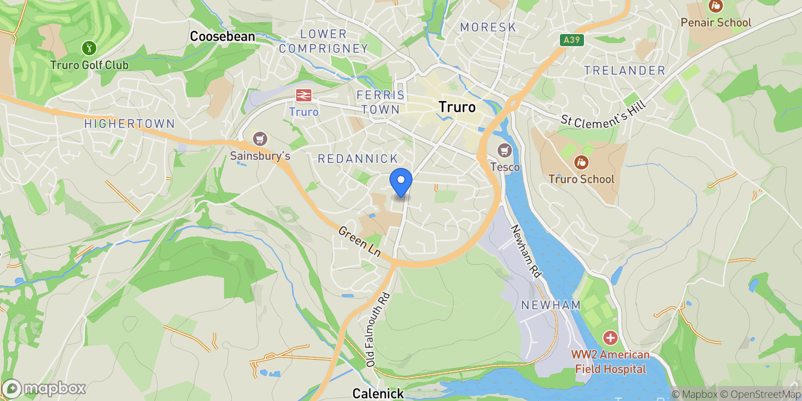 Map showing 32 Falmouth Road, Truro, England, United Kingdom.