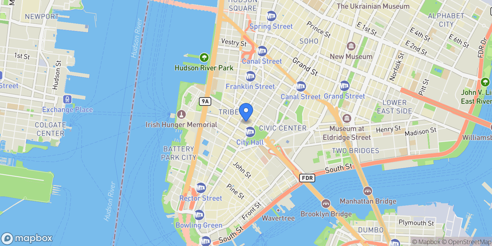 Map showing 16 WARREN ST, New York, New York, United States.