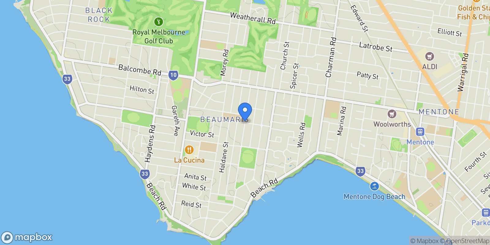 Map showing Beaumaris, Gordon Street, Beaumaris, Victoria, Australia.